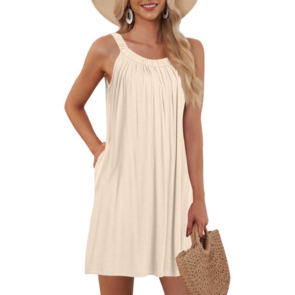 JIAYUE Women's Dress Solid Color Sleeveless O-Neck Casual Relaxed Fit Beach Mini With Pockets Front Pleats Vacation Everyday Wear Basic Sundress Classic Female Dresses