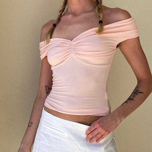Summer Fashion Tank Tops For Women Loose Fit Solid Color One-Shoulder Pleated Off-Shoulders Fitted Tank Tops XS-XL