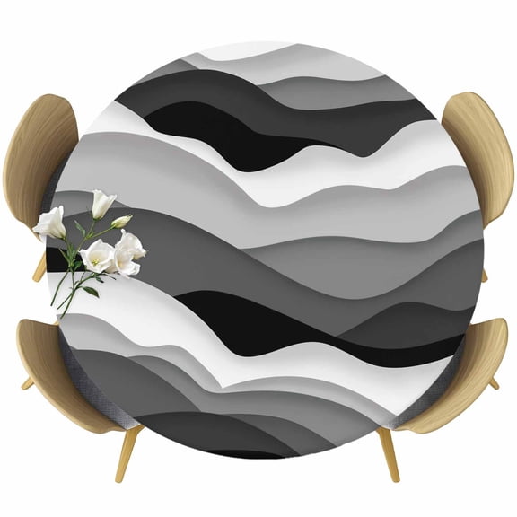 Grey Ombre Table Cloth, Round Fitted Tablecloths with Elastic Edge, Modern Geometric Moire Abstract Art Wipeable Waterproof Table Cover for Kitchen Wedding 45-54 Inches