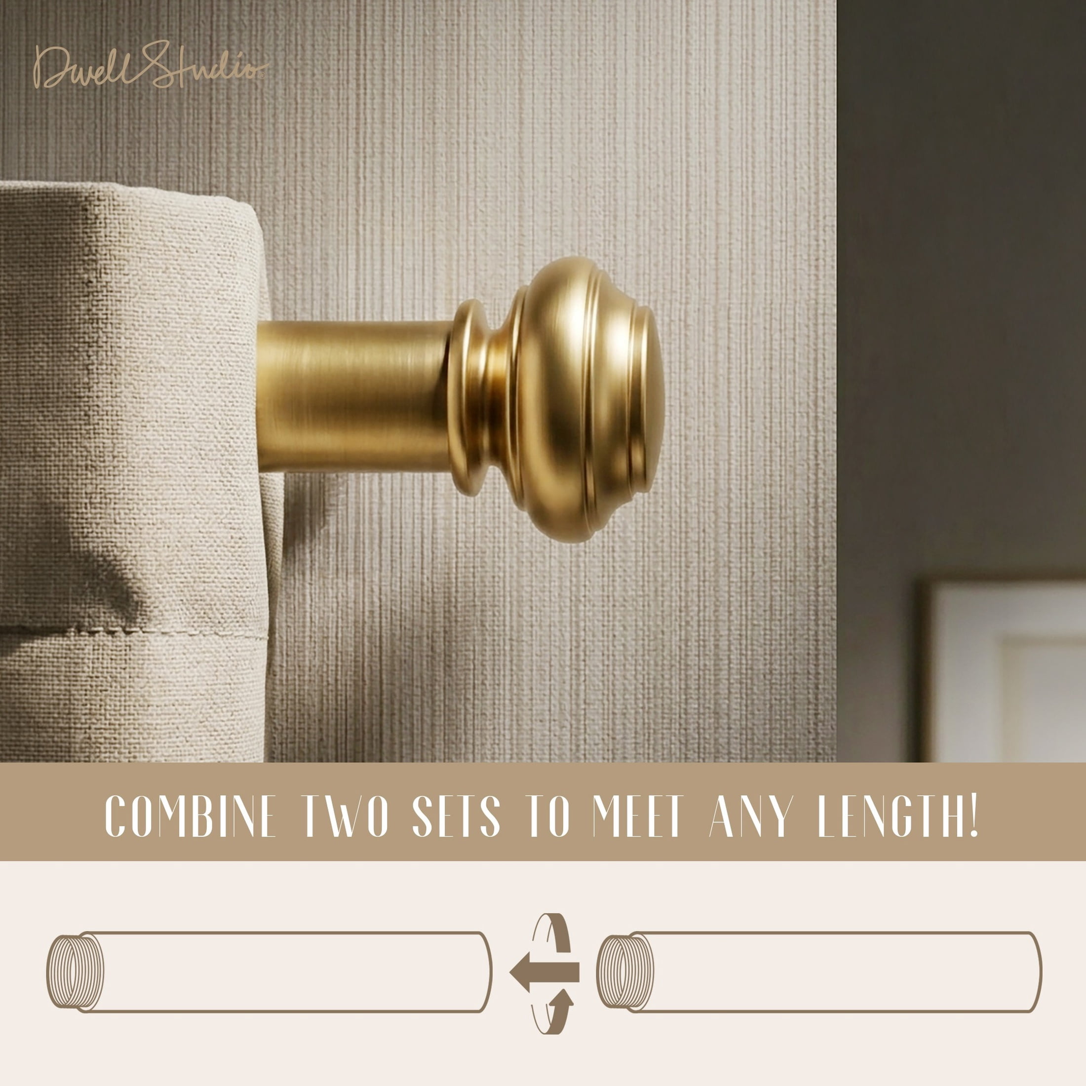 Dwell Studio, Cutomizable Curtain Rods, 3/4" Iron Material, 20 inch-120 inch Kit, Satin Brass