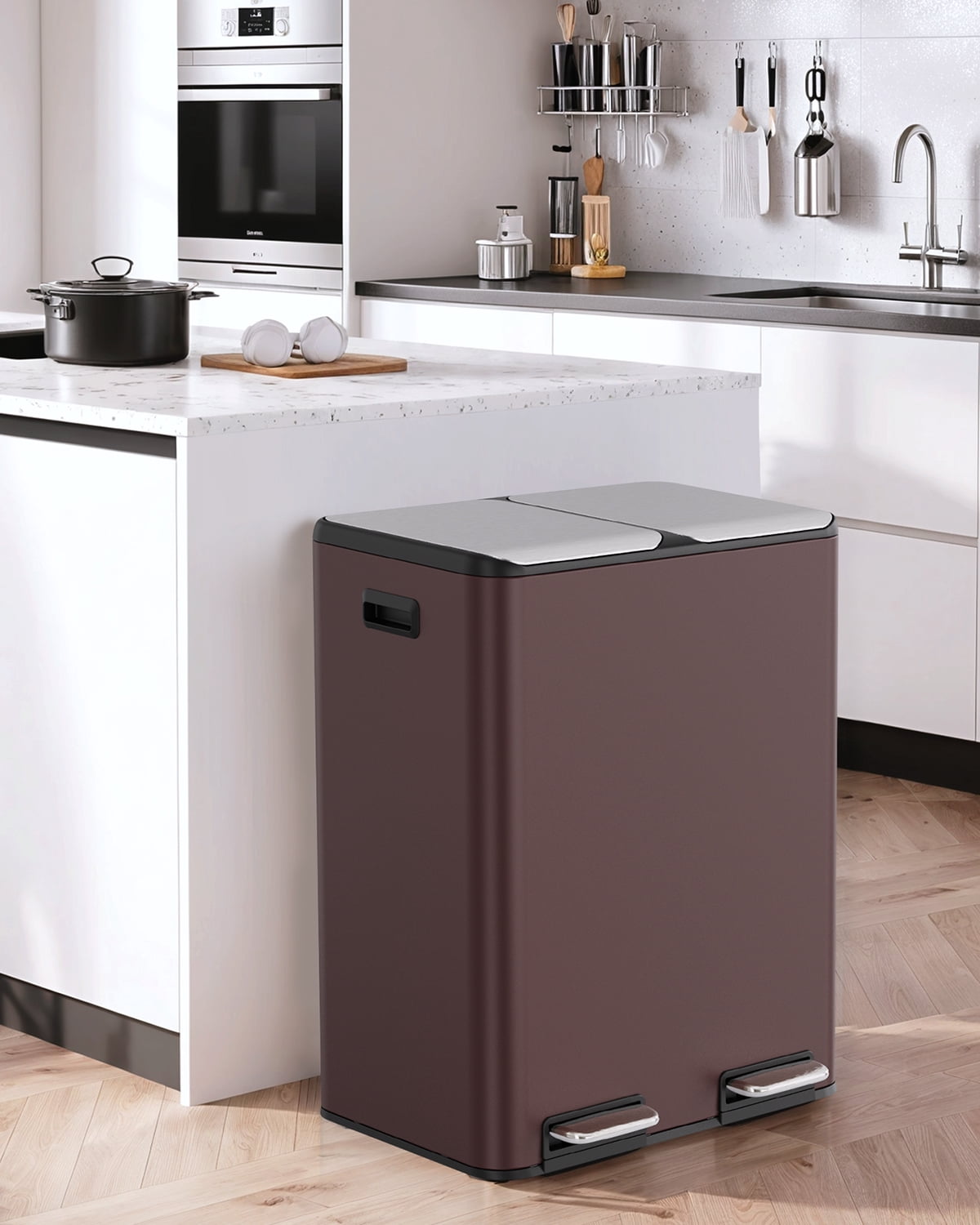 Pirecart 16 Gallon Dual Trash Can Stainless Steel Step Garbage Can Rubbish Bin with Soft-Close Lid, Brown