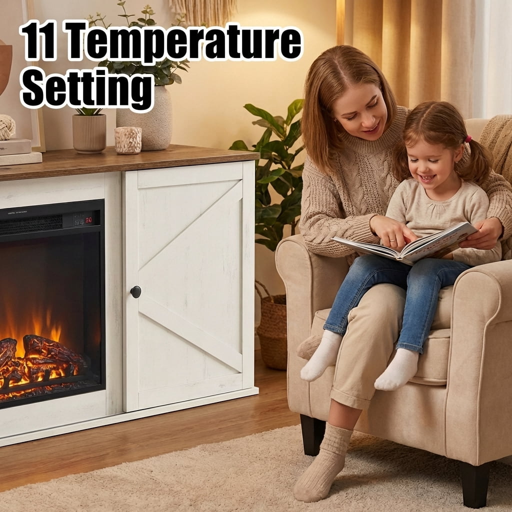 LEDREM Rustic Entertainment Center with 18" Electric Fireplace, Storage Media Stand with Adjustable Compartments for 65 Inch TVs, Farmhouse TV Console with Storage Cabinets