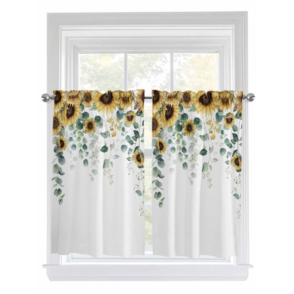 Sunflower 2 Panel Kitchen Curtains for Windows, Yellow Floral Eucalyptus Leaves Watercolor Bathroom Privacy Curtain, Home Décor Window Treatment for Bedroom/Living Room 55"x45"