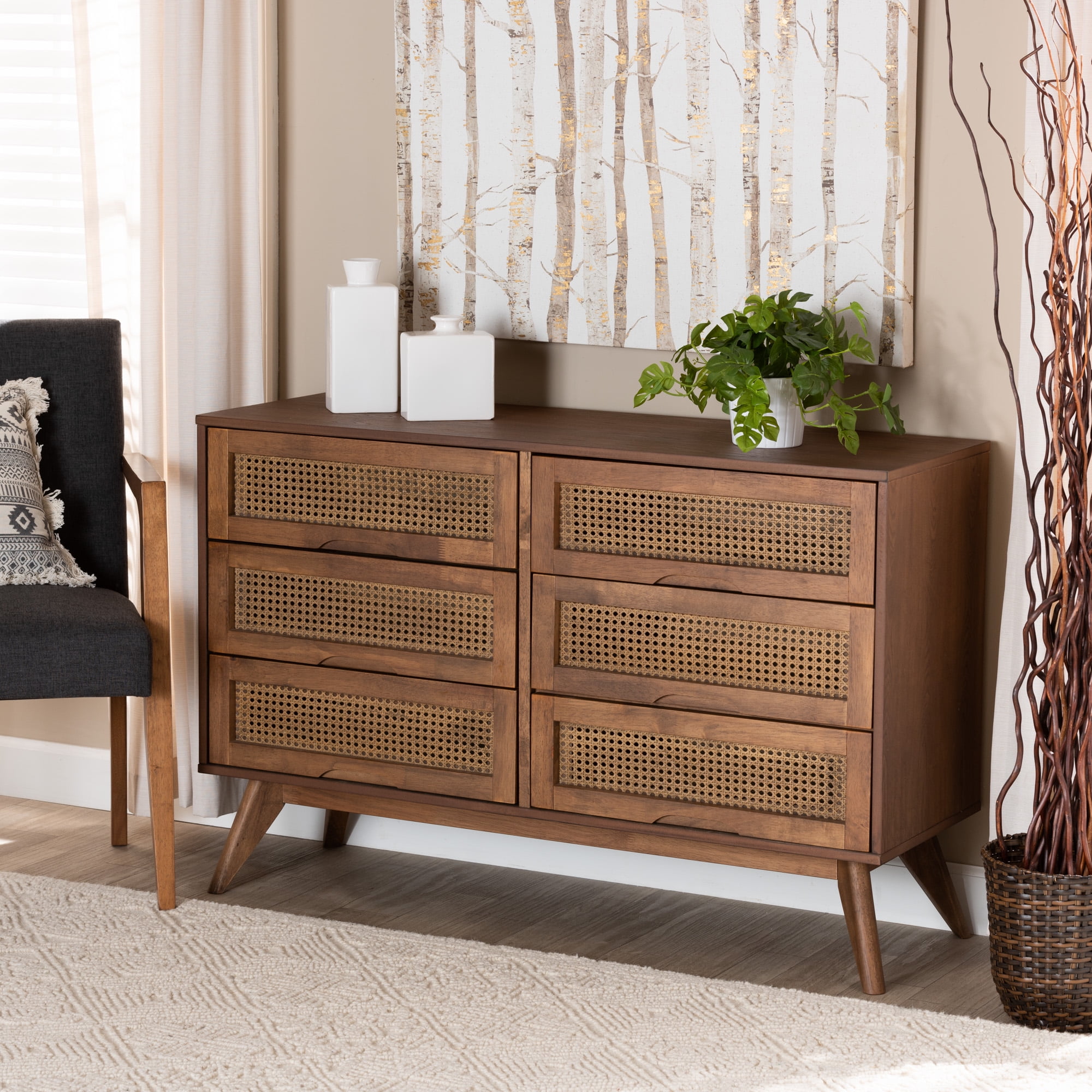 mid century modern furniture dresser Walker Edison 58 Mid-Century Modern Curved Front 6-Drawer Dresser, Caramel