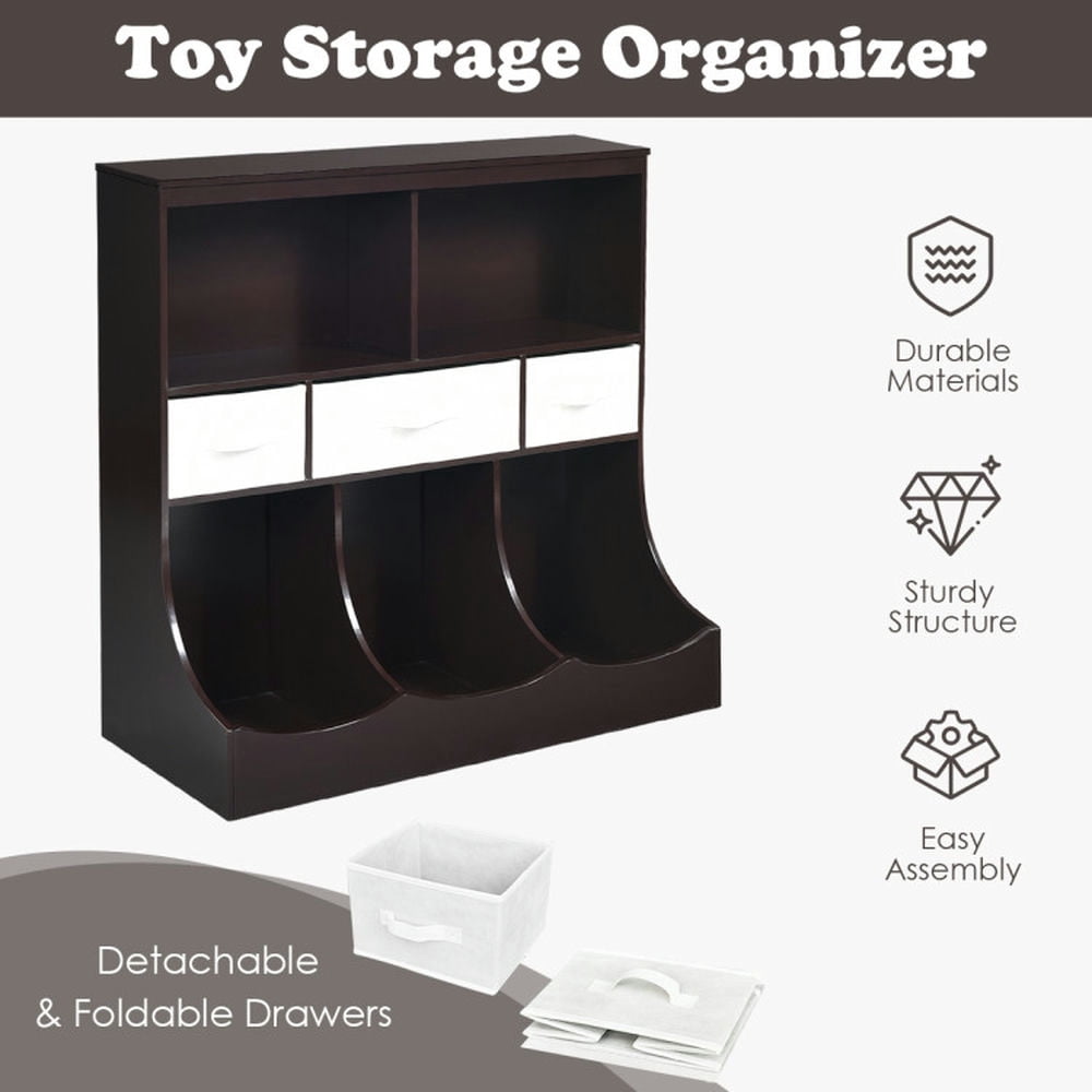 Resenkos Freestanding Combo Cubby Bin Storage Organizer Unit W/3 Baskets-Brown, Kids Toy Storage for Kids, Boys, Girls, Nursery