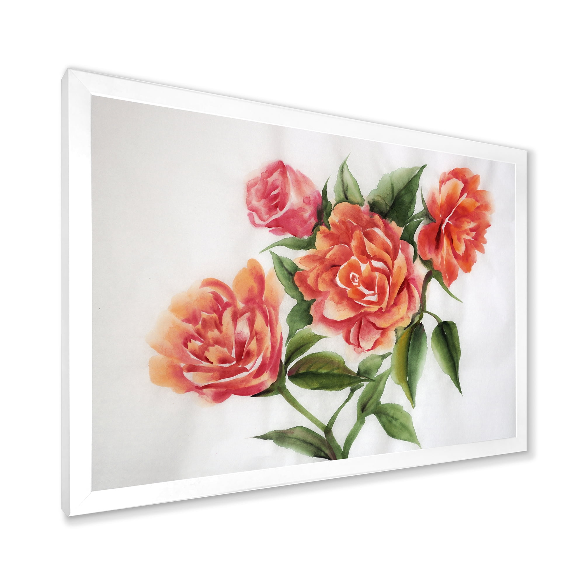 Designart 'Orange VIntage Roses With Green Leaves' Traditional Framed Art Print