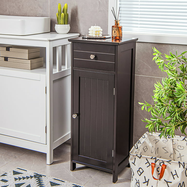 Costway Wooden Bathroom Floor Storage Cabinet Organizer w/ Drawer  Adjustable Shelf Brown 