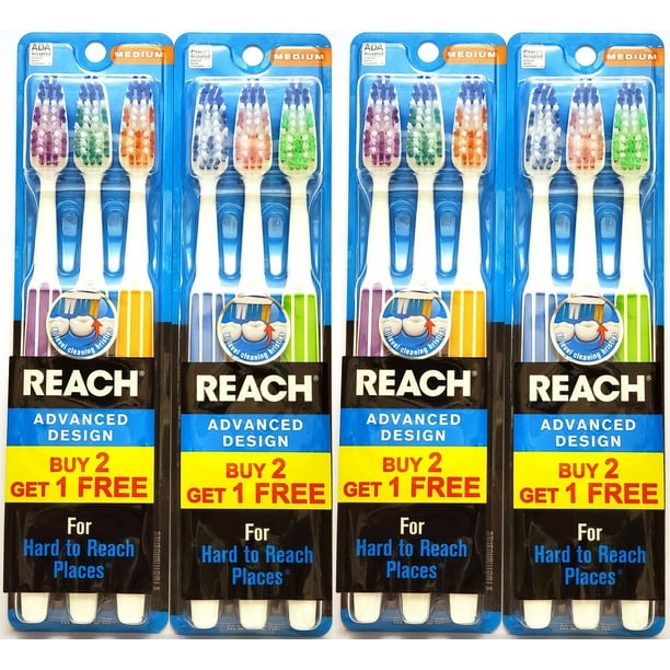 Reach Advanced Design Medium Toothbrushes, 3 Count (Pack of 4) Colors May Vary