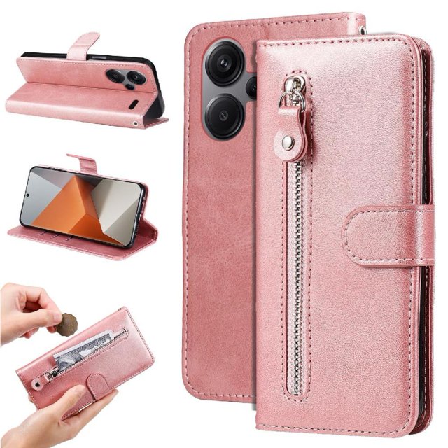 Estuche de Cuero PU con Cierre para Xiaomi Redmi Note 13 Pro Plus 5G , Funda Protectora con Billetera y Correa