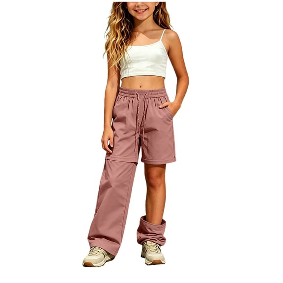 Hudaneo Girls Cargo Hiking Pants Kid Convertible Zip-Off Outdoor Pants with Drawstring & Pockets Water Resistant Joggers, Pink 7-8 Years