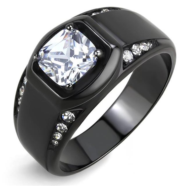 Men IP Black Stainless Steel Ring with AAA Grade CZ in Clear - Size 12