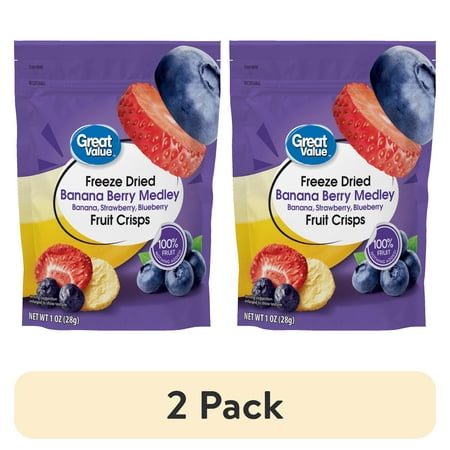 (2 pack) Great Value Freeze Dried Banana Medley Fruit Crisps, 100% Fruit, 28g