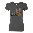 thumbnail image 3 of First We Still Your Heart Then Your Bed | Funny Neon Colorful Cat | Dean Russo Art Animal Lover Womens Slim Fit Junior Tee, Dark Grey, XX-Large, 3 of 6
