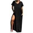 thumbnail image 1 of Robe Longue Décontractée pour Femmes avec Poches, Manches Courtes, Fendue, Maxi, Mode Imprimée, Col en V, Confortable, Quotidienne, 1 of 5