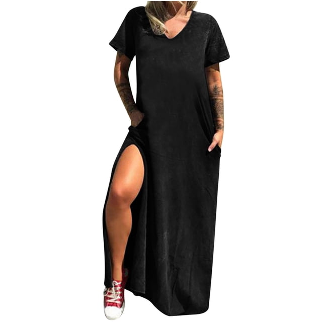 Robe Longue Décontractée pour Femmes avec Poches, Manches Courtes, Fendue, Maxi, Mode Imprimée, Col en V, Confortable, Quotidienne