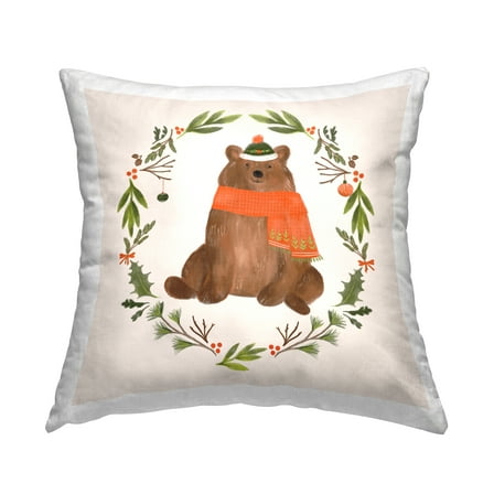 Stupell Industries Holiday Bear Wreaf Decorative Printed Throw Pillow, 18 x 18