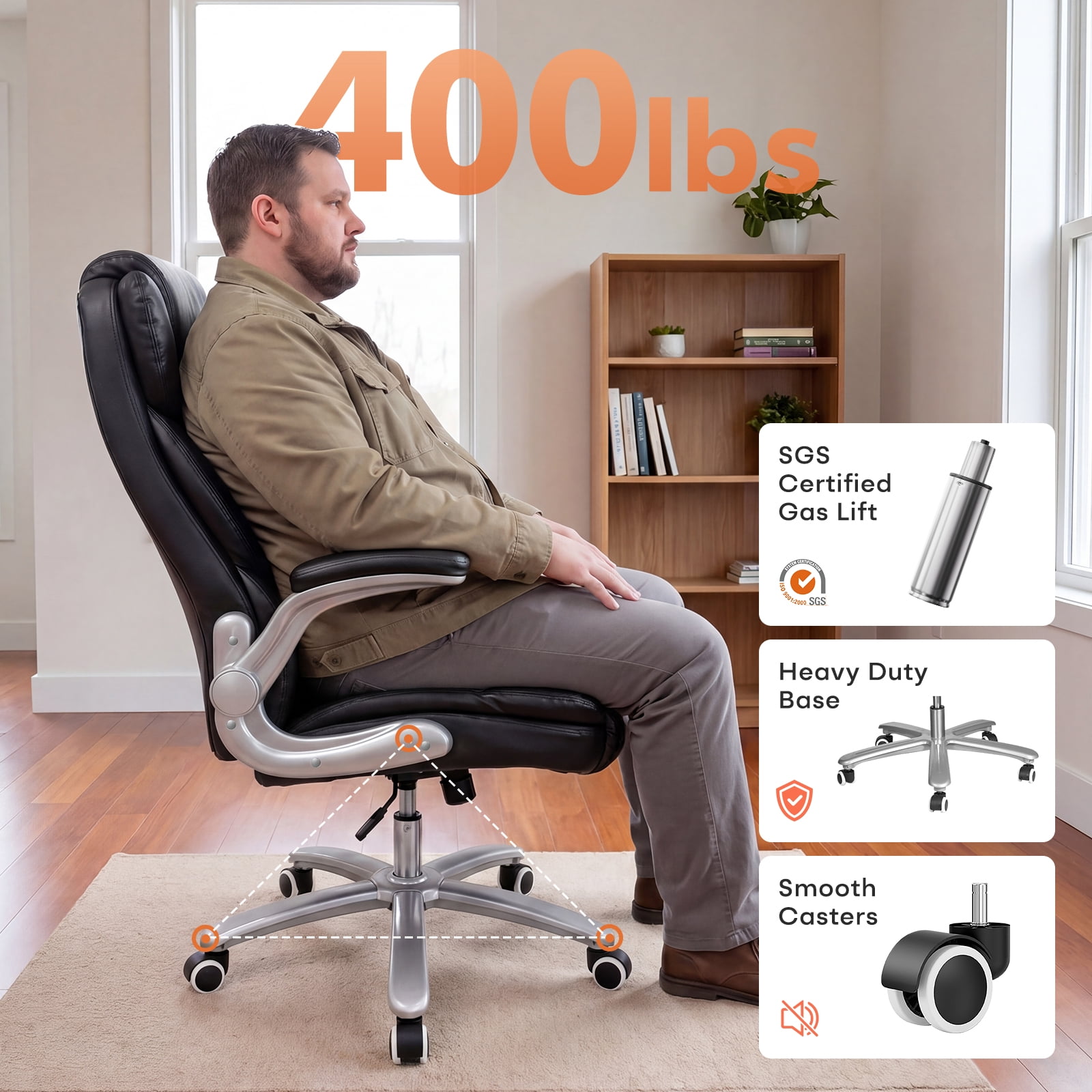 iooHug Big and Tall Office Chair 400lbs, Ergonomic Desk Chair with Lumbar Support, Flip-Up Arms, Faux Leather High Back Computer Chair for Home Office, Black