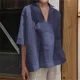 thumbnail image 1 of Camisa versátil de lino y algodón para mujer, blusa de media manga con cuello en V profundo y solapa, cómoda e informal, Color liso, 2024, 1 of 4