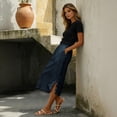 thumbnail image 4 of Women's Cotton Linen Midi Skirt Elastic Waist Side Button Split Pockets Solid Color Casual A-Line Mid-Calf Skirt 05-Navy L, 4 of 5
