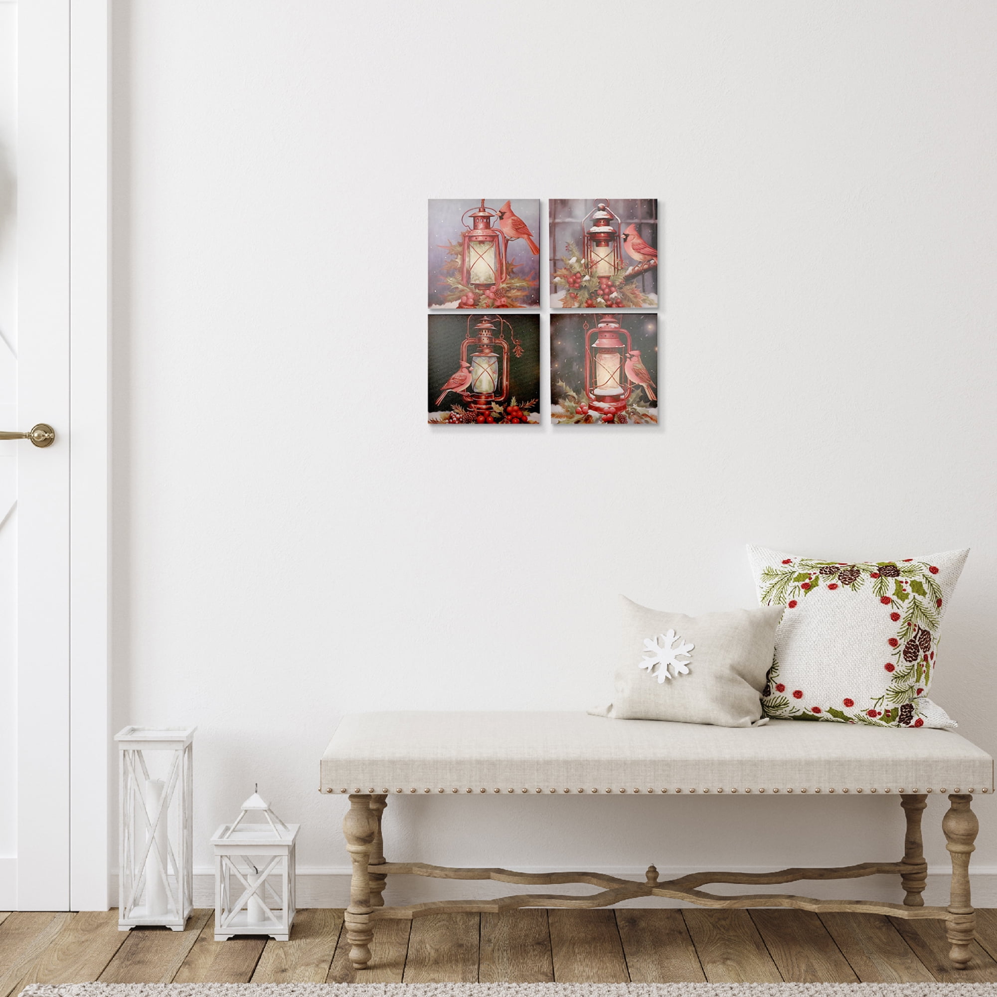 Canvas Wall Art Asstd (Glowing Lantern With Cardinal) - Set of 4