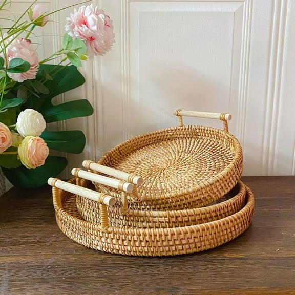 Conditiclusy Wicker Fruit Tray Round Anti-deformed Rattan Enjoy Refreshments Wicker Serving Tray for Home