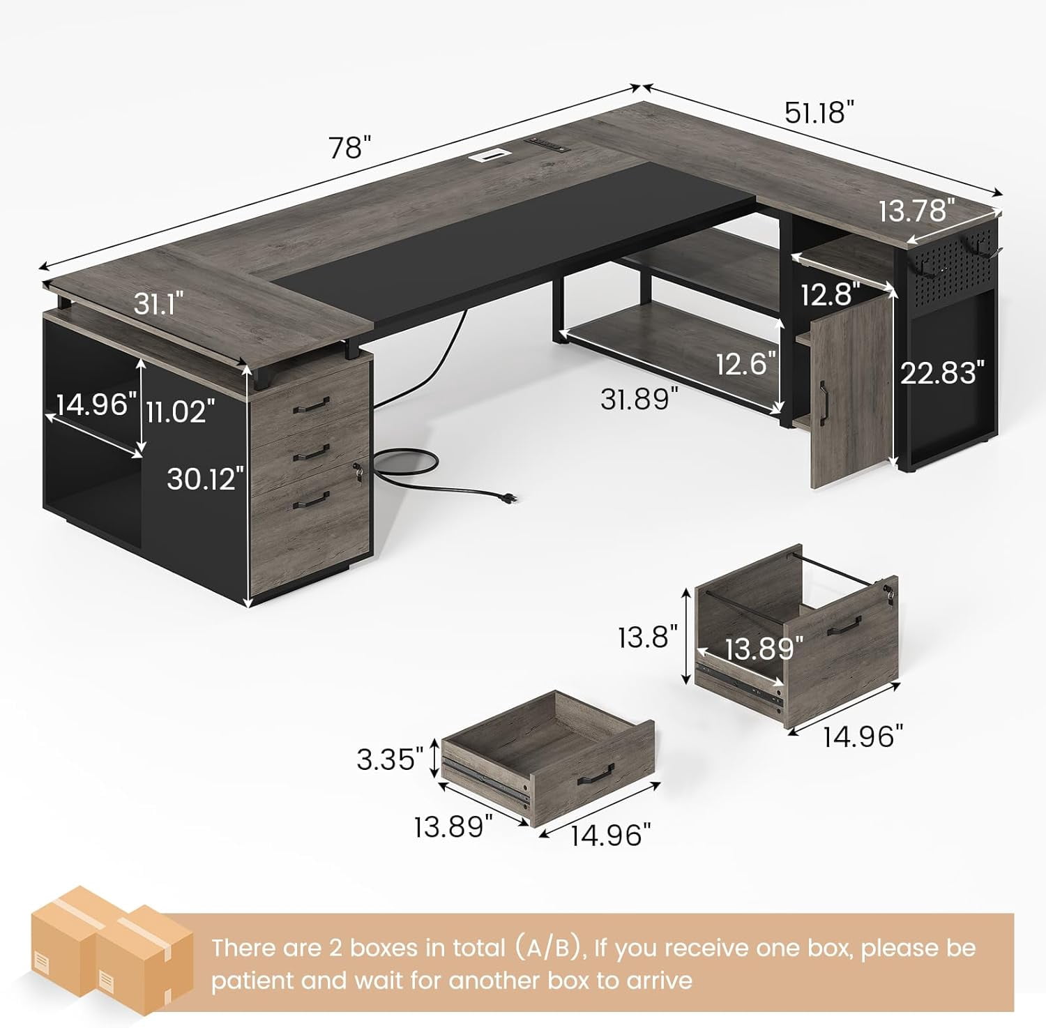 78" Executive Desk with Lockable File Cabinet, L Shaped Executive Desk with Power Outlets, Reversible Computer Desk with Drawers, Storage Shelves and Privacy Screen, Gray