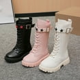 thumbnail image 6 of Girls Waterproof Mid Calf Combat Boots Fashion Star Decor Buckle Strap Lace up Lug Sole Chunke Heel Winter Tall Riding Booties White 10 Little Kids, 6 of 8