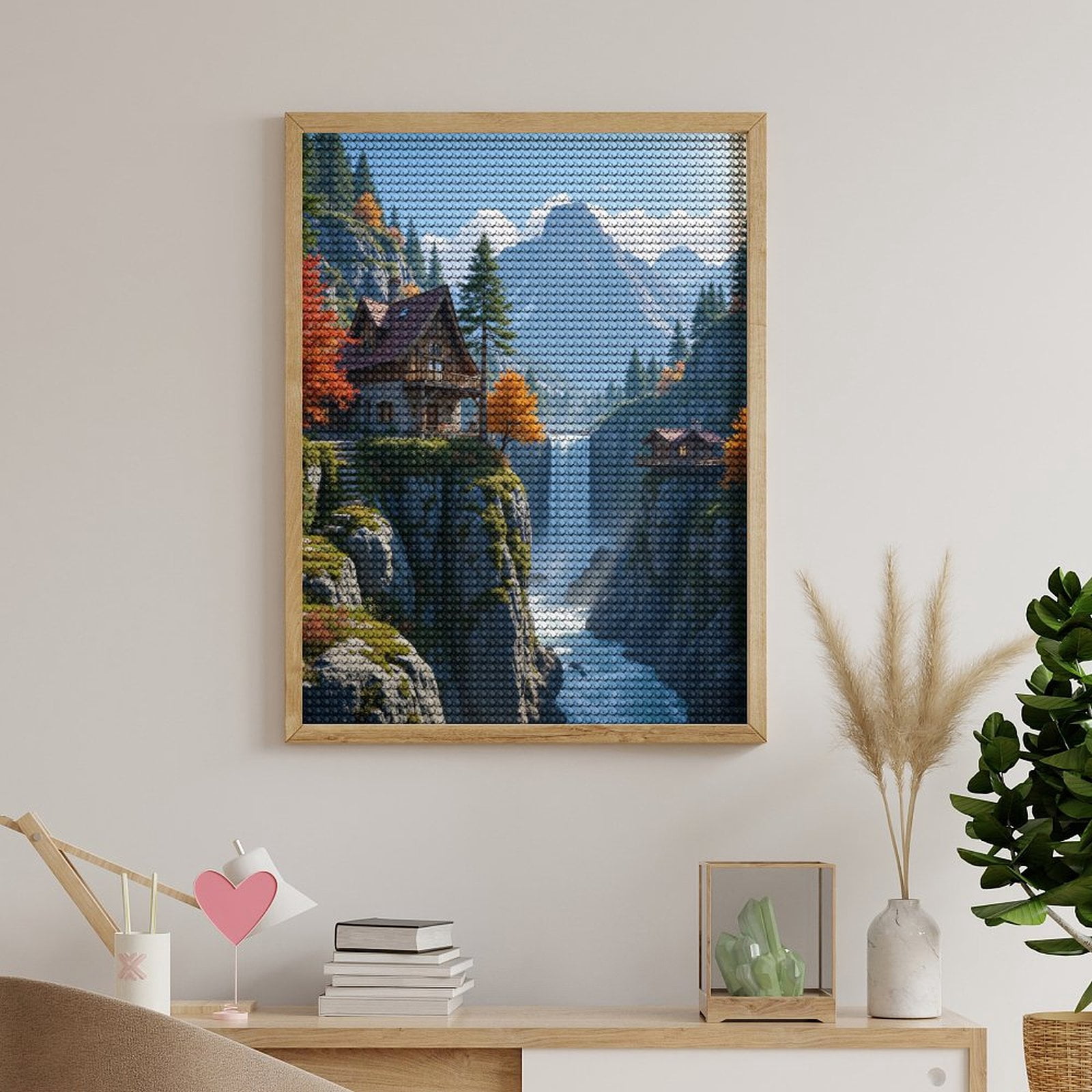 Diamond Art Kits for Adults, Mountain Cabin Waterfall Autumn View 5D Diamond Painting Kits for Adults Beginners, DIY Full Drill Diamond Painting, Gem Art and Crafts 12x16