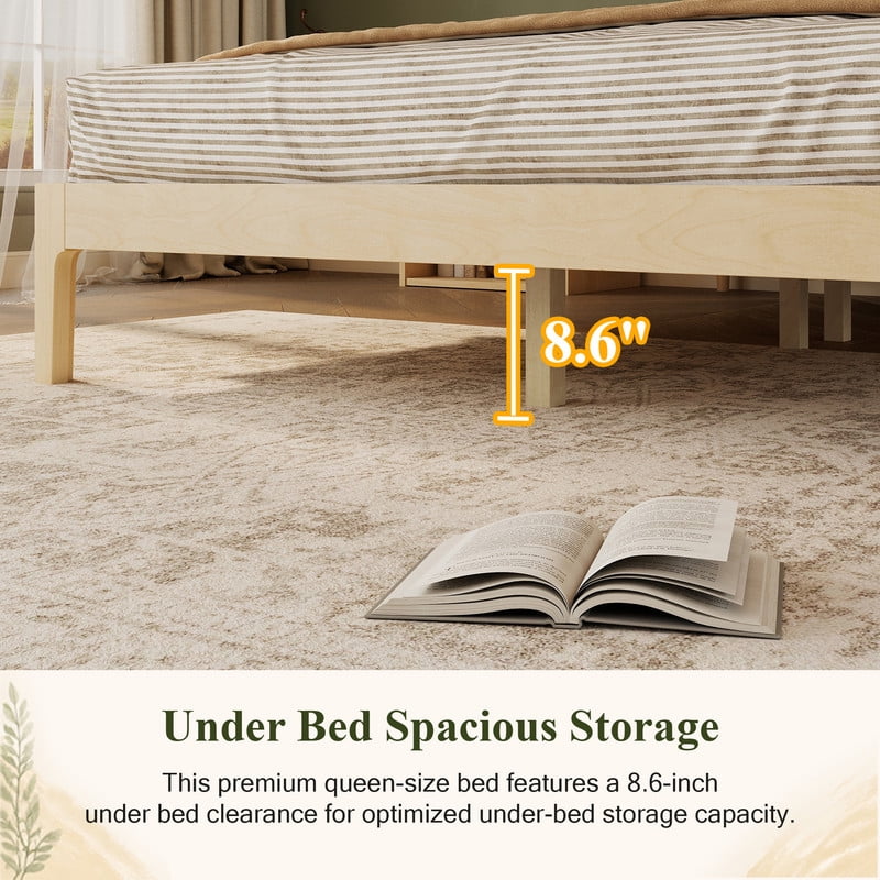 Queen Size Wooden Platform Bed with Rattan Headboard, Low-Profile Bed Frame with 8.6'' Under-Bed Storage