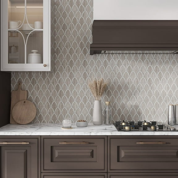 Elysian 9 x 10 in. Polished Wooden Grey, Bianco Carrara marble Mosaic Fan, Fish Scale Tile (3 sq ft/case) - 5 Pack
