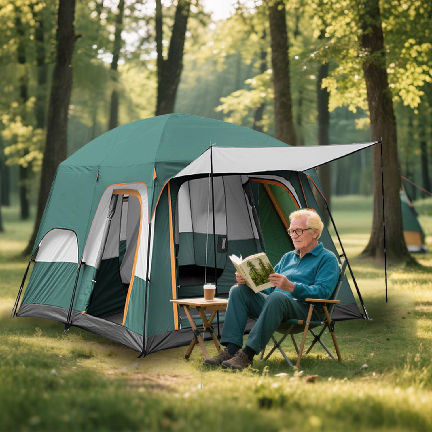 KFeng 12 Person Tents for Camping - 2Rooms 3Doors&3Windows Mesh,Suitable for Outdoor/Picnic,Green