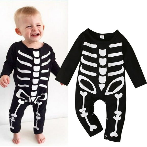 XQYLOS Baby Boys Girls Halloween Skeleton Jumpsuit Glow in Dark Jumpsuit Long Sleeve Bodysuit Cute Outfit 𝖳rick or 𝖳reat P𝖺rty Scary Sp𝗈oky Design