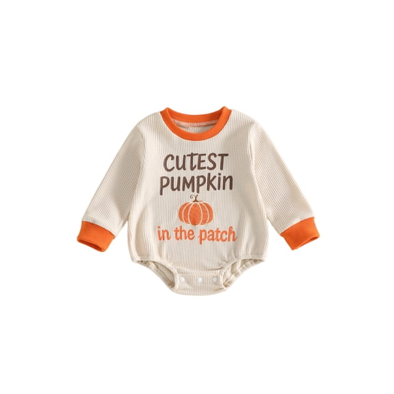 Cjfdfy Newborn Baby Girl Boy Halloween Romper Outfit, Long Sleeve Cutest Pumpkin In The Patch Letters Pumpkin Print Bodysuit Cute Waffle Knit Halloween Pumpkin Fall Winter Outfit