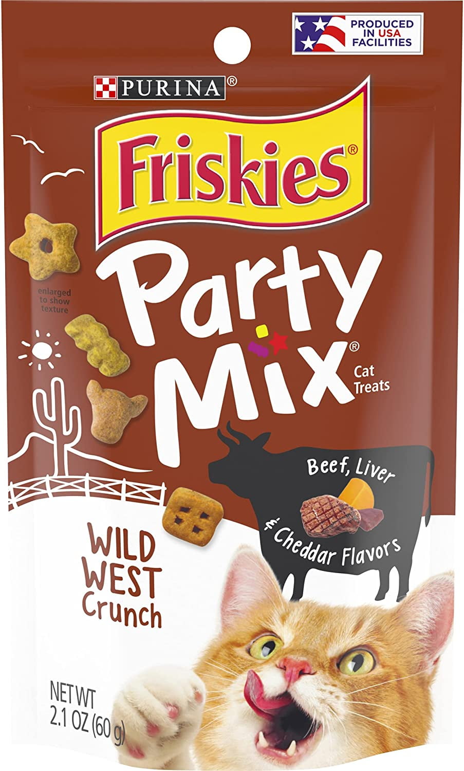 Purina Friskies Party Mix Cat Treats, Wild West Crunch, Made with Beef, Liver & Cheddar Flavors, Helps Keep Teeth Clean, Adult Cat Treats, 2.1 OZ Pouch (Pack of 6)