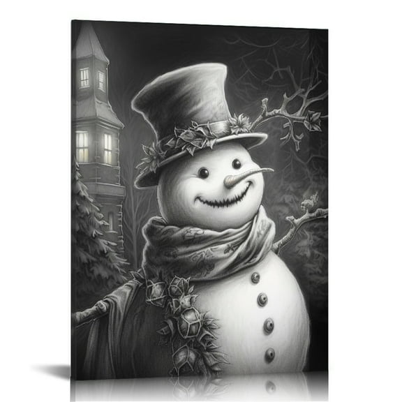 COMIO Winter Snowman Poster Prints Wall Art Winter Pine Tree Canvas Painting Framed Artwork for Christmas Living Room Decoration with Inner Frame