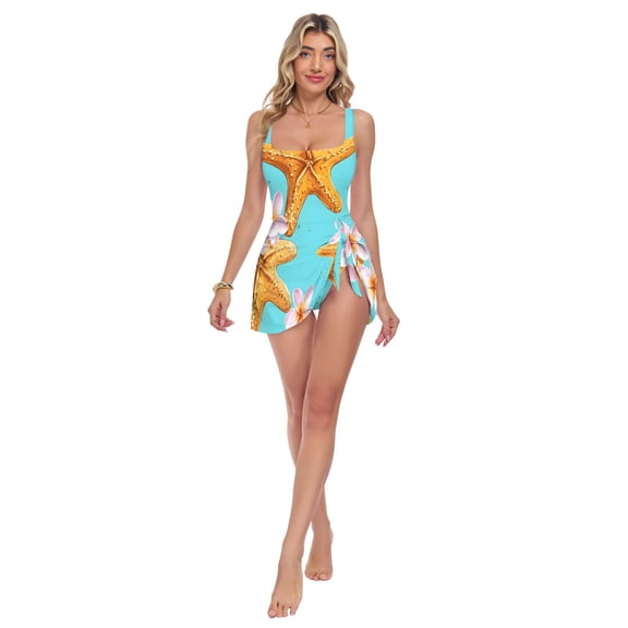 Womens Yellow Starfish Pattern Print 2-in-1 Swim Dress Detachable Skirt One-Piece Swimsuit Square Neck S-XXL
