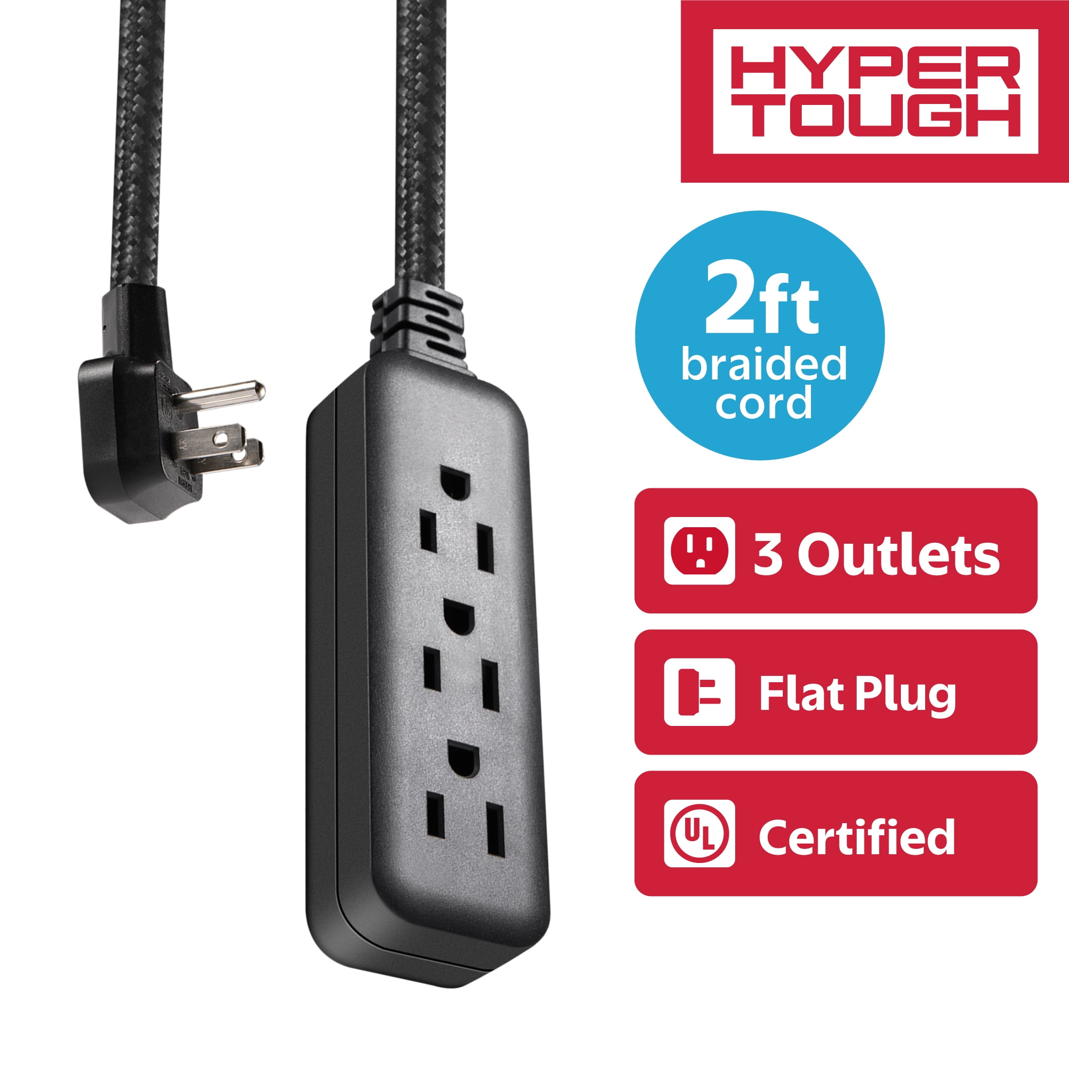 (3 pack) Hyper Tough Flat Plug Extension Cord, 2 ft Braided Cord, 3 Outlets, 3 Prong Grounded, Indoor, Black