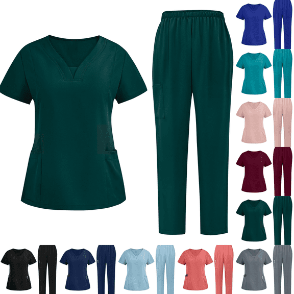 cocolona Womens Scrubs Set Short Sleeve V Neck Scrubs Tops Shirts Straight Pants Workwear Uniform Sets Work Clothes with Pockets Green XL