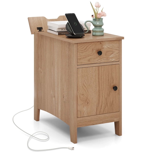 Costway 1 Table d'Appoint avec Station de Charge Table de Chevet à Dessus Rabattable avec Ports USB et Prises