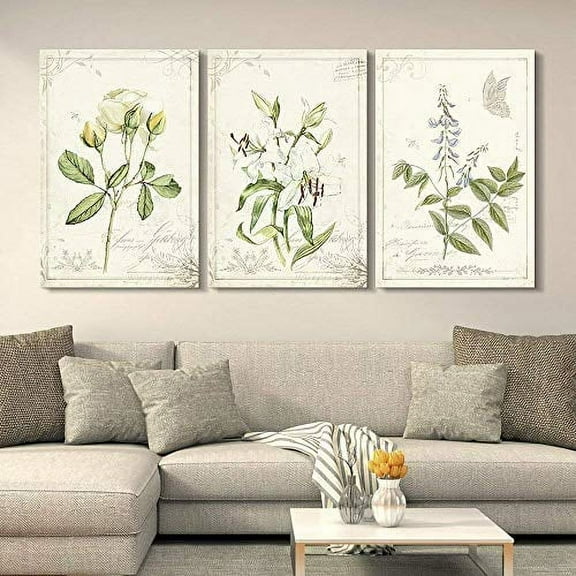 wall26 Canvas Print Wall Art Set Victorian Style White Rose & Lily with Butterfly Nature Floral Illustrations Realism Rustic Scenic Colorful Wilderness for Living Room, Bedroom, Office - 16"