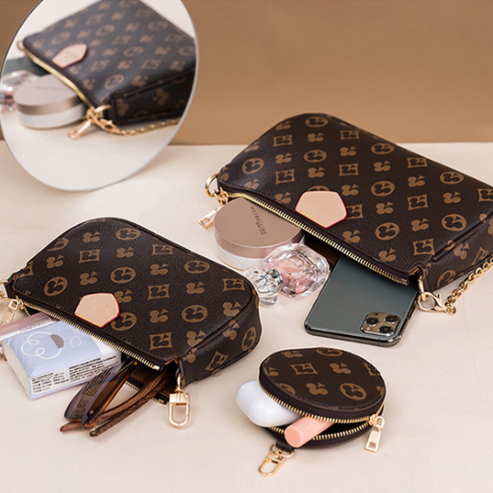 Skearow Fashion Women Checkered Crossbody Bag, 3-In-1 Set Satchel Shoulder  Bag,PU Vegan Leather Wallet Coin Purse Handbag Brown Floral+Pink Belt 