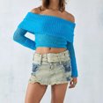 thumbnail image 3 of Fortune Women Off Shoulder Sweater Mesh Knit Cropped Pullover Solid Color Long Sleeve Slim Fit Crop Top, 3 of 6