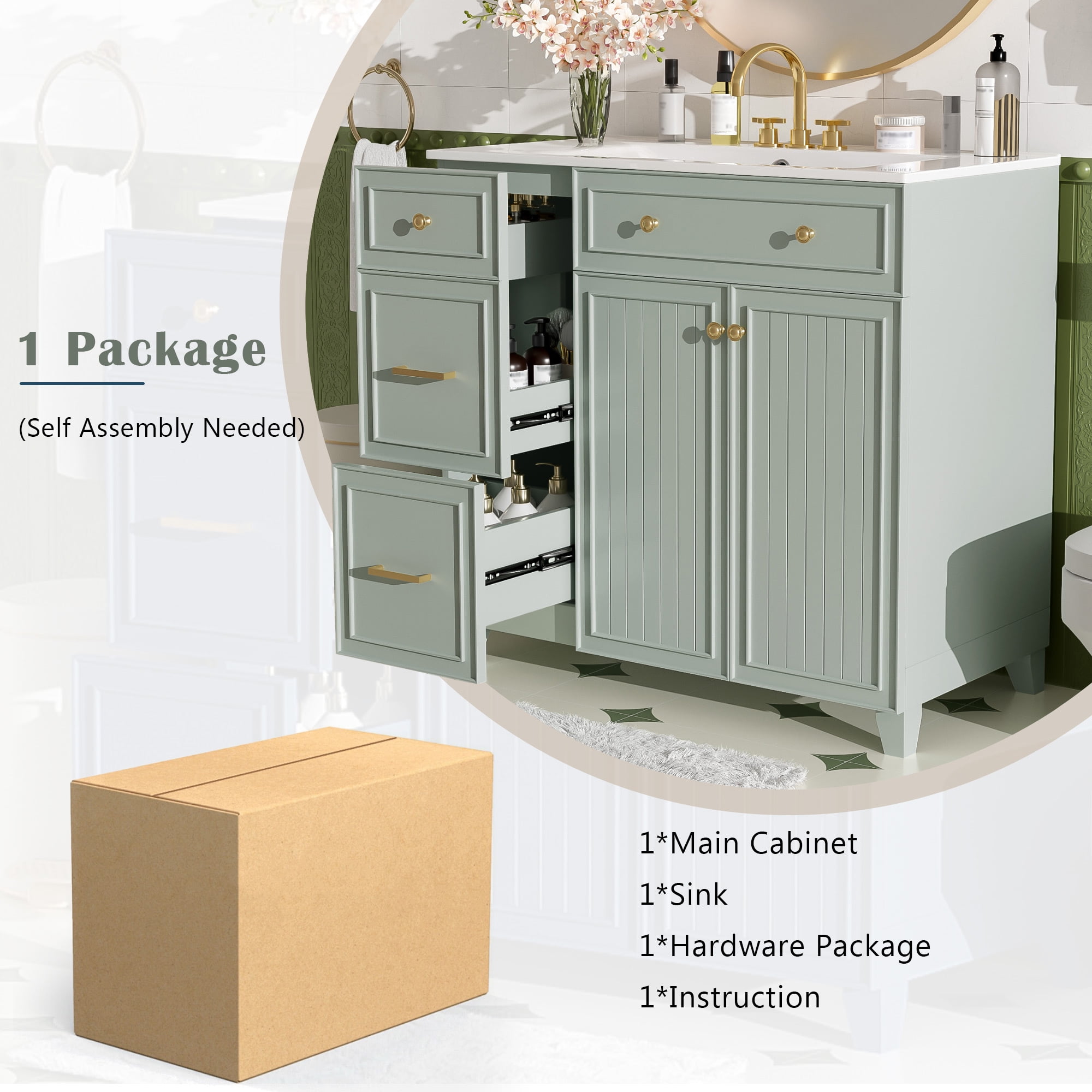 Euroco 36" Bathroom Vanity with Ceramic Sink, Standard and Double-Layer Drawers, Soft Close Doors, Adjustable Shelves, Modern Storage Cabinet for Small and Medium Bathrooms
