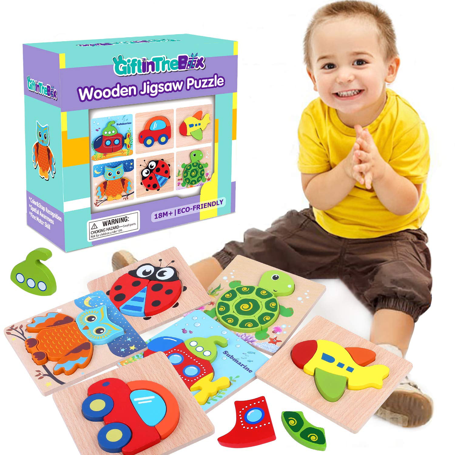 Toddler Puzzles 1 2 3 Year Old Wood Puzzles for Kids 2-4 Girls Boys Baby Child Preschool Toys 12-18 Months Learning Educational Toys Animal car Shape Jigsaw Gift Toddler Travel Toys for Plane 3pcs
