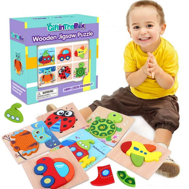 6 Pack Wooden Jigsaw Puzzles, Wooden Color Shapes Puzzles for Toddlers