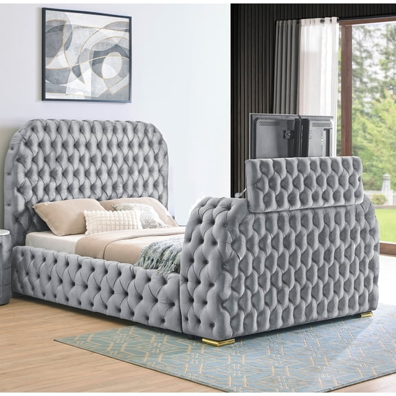 Luxury 1pc Gray King Bed Deeply Tufted Television Lift Electric Fireplace