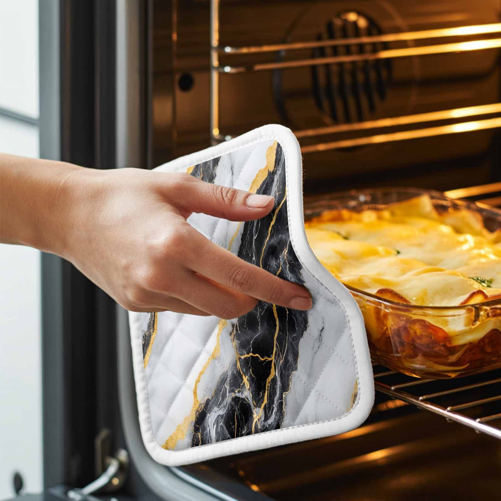 Marble Black Pot Holders for Kitchen Heatproof Potholder, 3 Pack Gold Foil Ceramic Style Cracks Scratches Hot Pads Multipurpose Oven Pads Cloth Potholders Trivet for Cooking Baking