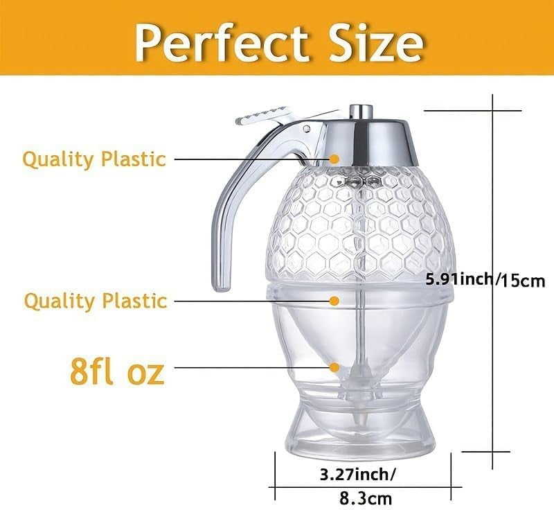 8fl oz Honey Dispenser with Stand – No-Drip Chrome-Plated ABS Lid, Honeycomb Design Jar for Honey, Maple Syrup