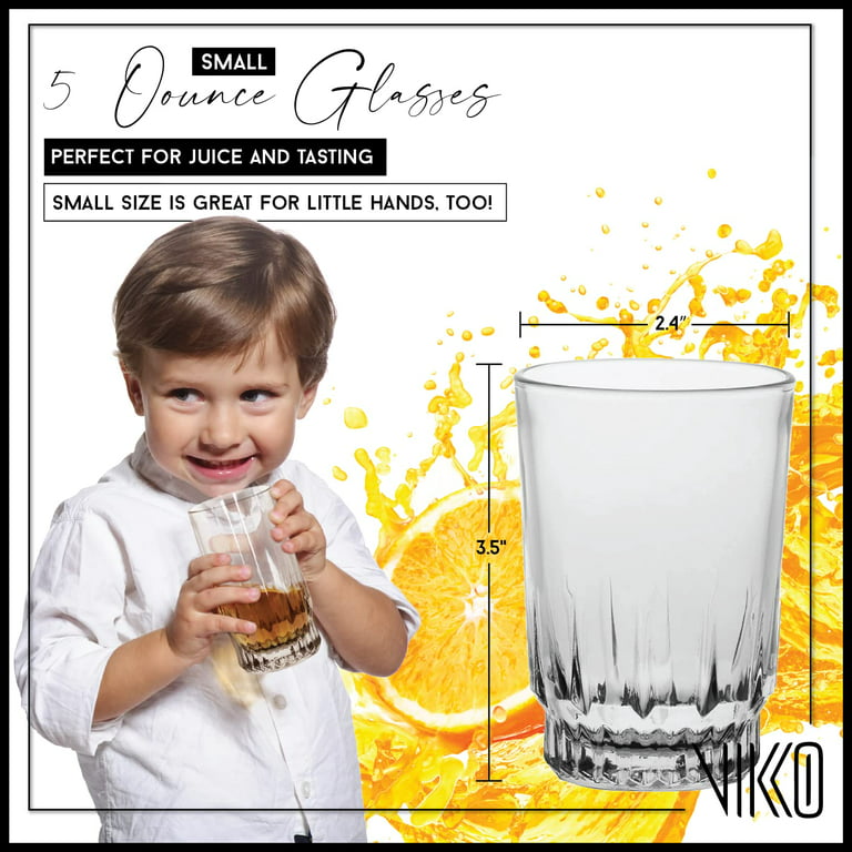 Vikko 5 Ounce Juice Glasses | Perfect for Children, Tasting, and Small Portions Thick and Durable Dishwasher Safe Set of 6 Clear Glass Tumblers