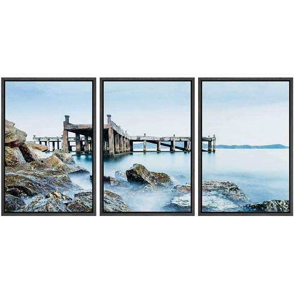 wall26 - 3 Piece Framed Canvas Wall Art - Old Jetty and Rocks - Modern Home Art Stretched and Framed Ready to Hang - 24"x36"x3 BLACK